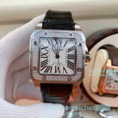 Swiss Replica Cartier Santos White Dial Diamond Bezel Watch 42mm